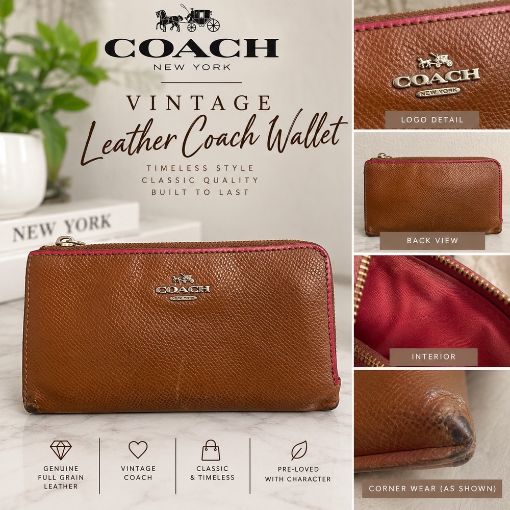 Vintage Coach Brown Leather L-Zip Wallet with Pink Trim Silver Logo